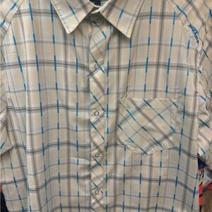Prana Beige and Blue Plaid snap closure Shirt